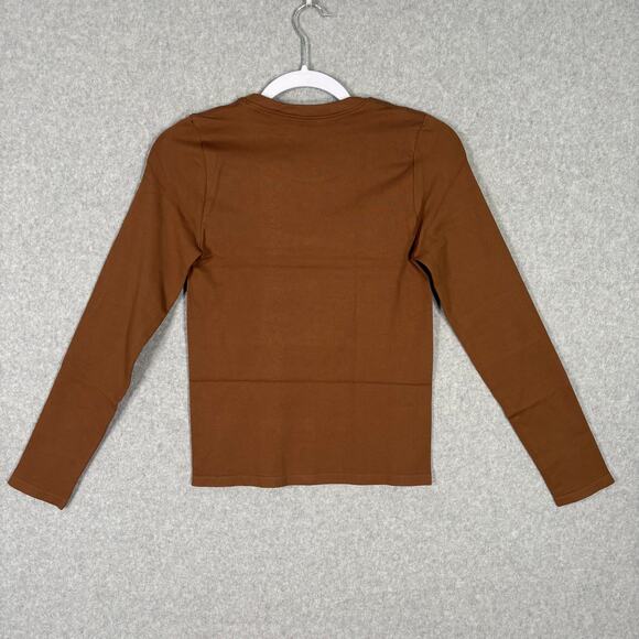 OQQ Shirt Womens Medium Brown Ribbed Basic Yoga Tight Base Layer Neutral Stretch - Picture 7 of 8